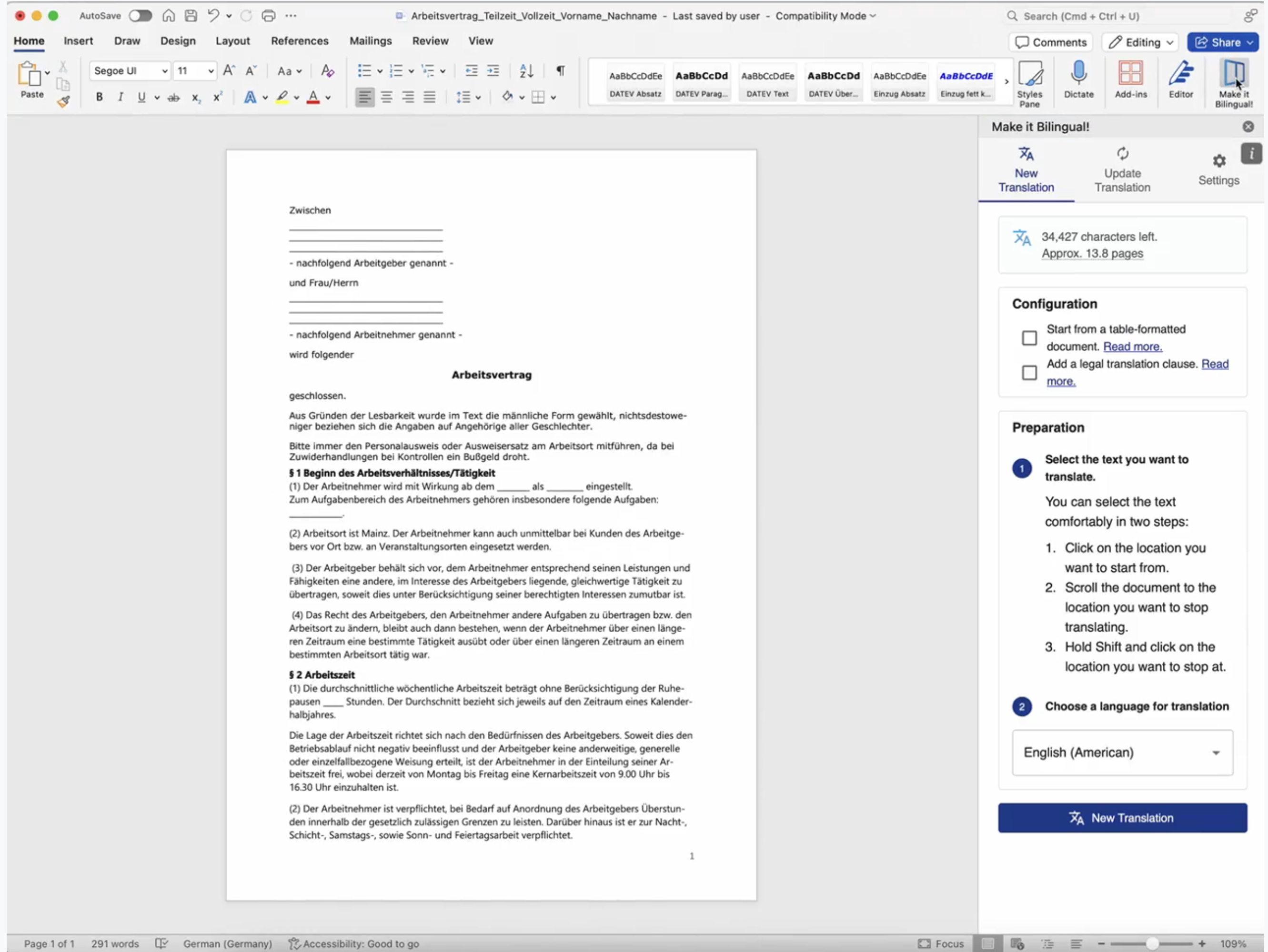 Automatisierte Erstellung bilingualer Verträge